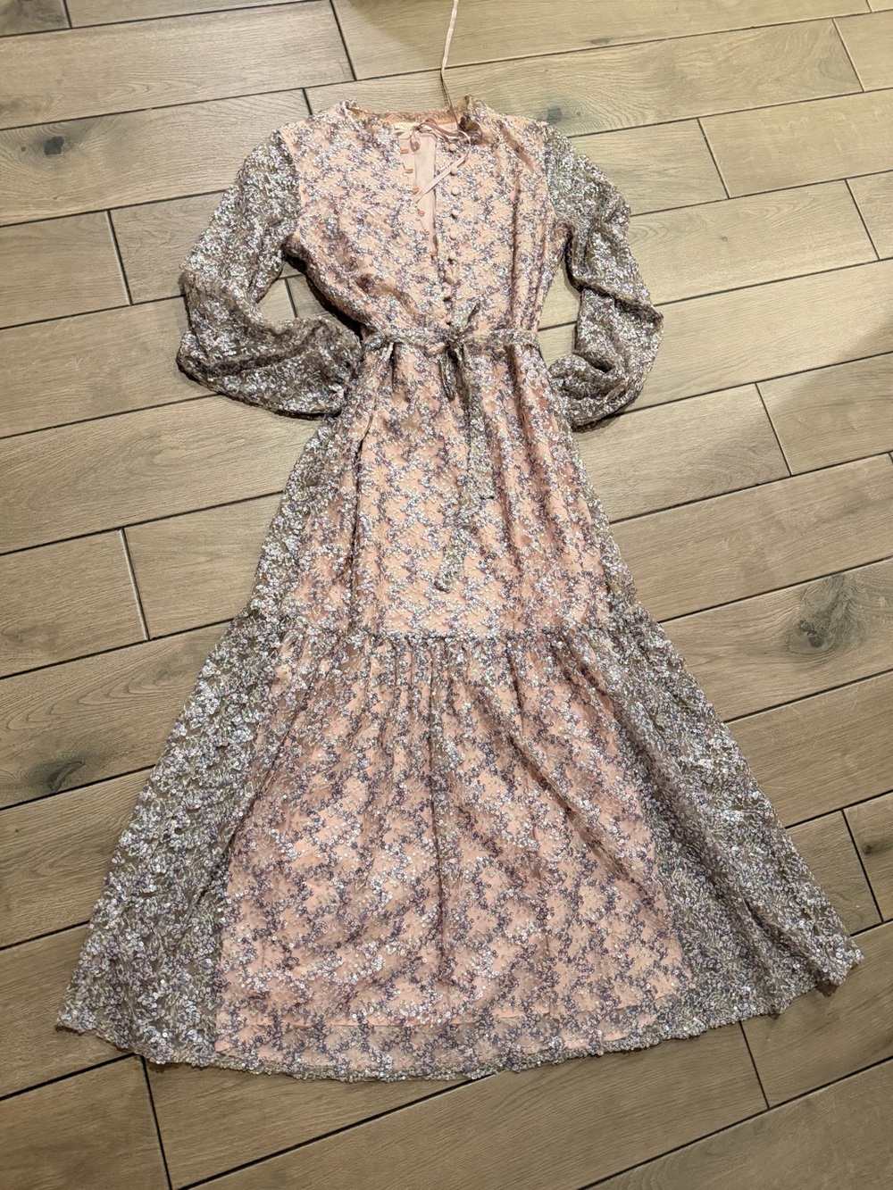 Maje Blush Pink Sequin-Embellished Tie-Neck Top